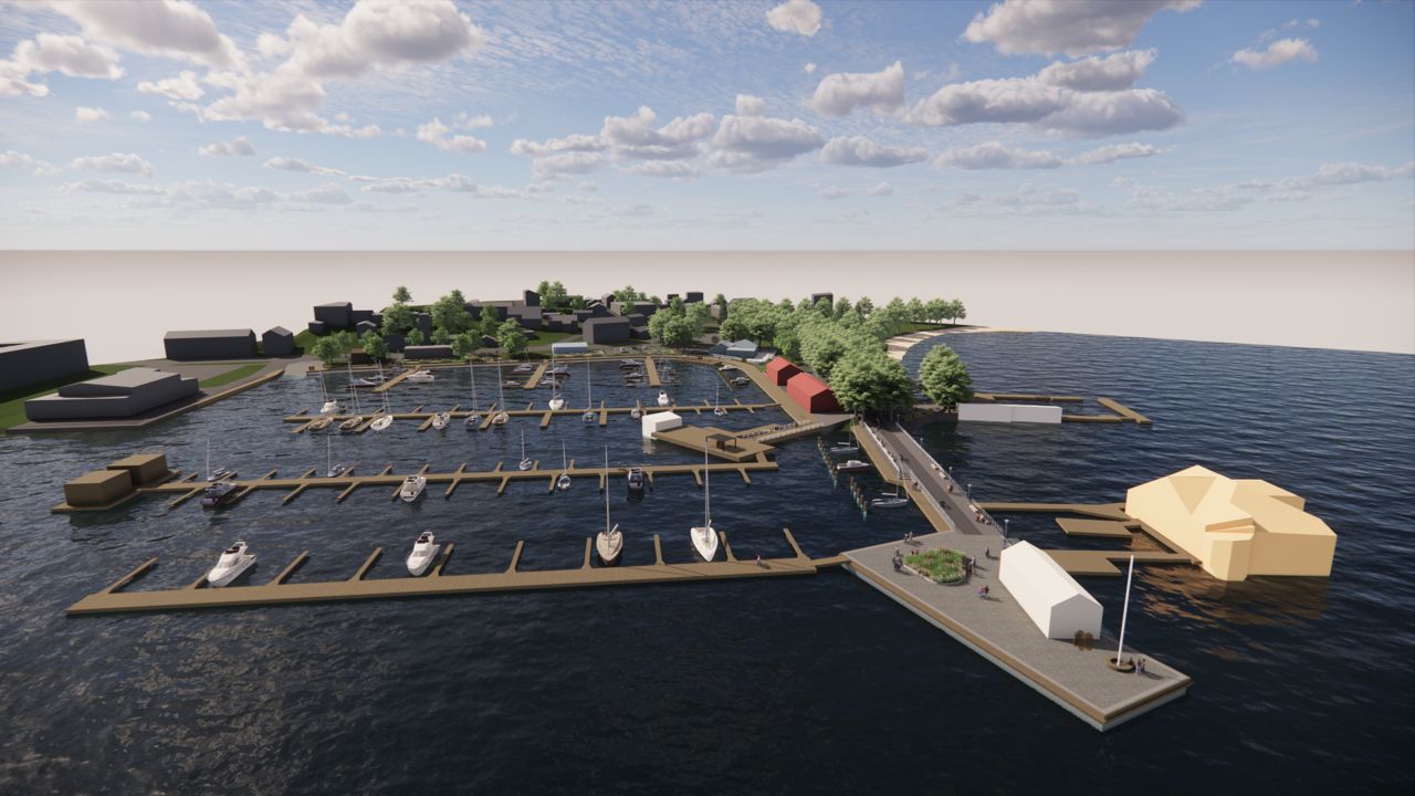 Översiktsbild av Norra hamnen sedd från havet med vågbrytare och paviljong